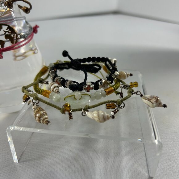 Lot 8 Corded Beaded Bohemian Bracelets Layering Family Cross Heart Tree Shells - Picture 2 of 15